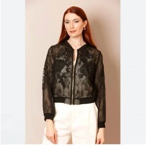 NWT Jessie Liu Iris Tulle Lace Combo Embroidered Silk Bomber Jacket Black XS